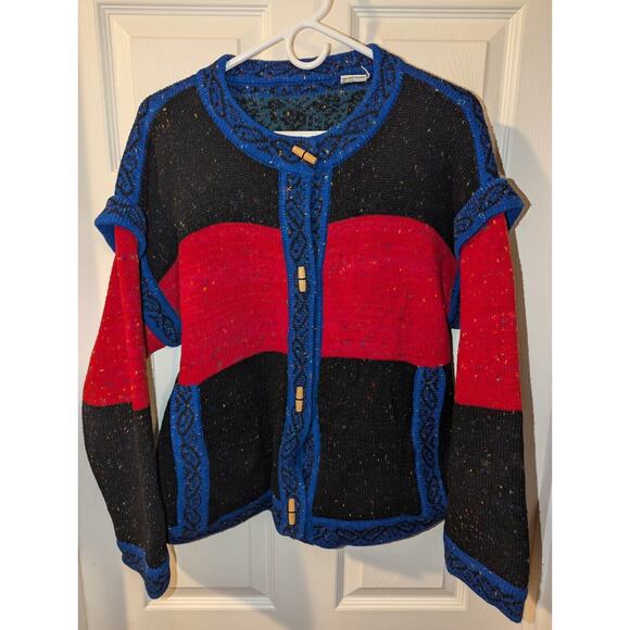Vintage Cardigan Sweater Size Medium by JJ Browne Reversible Striped Red 80's - Picture 1 of 8